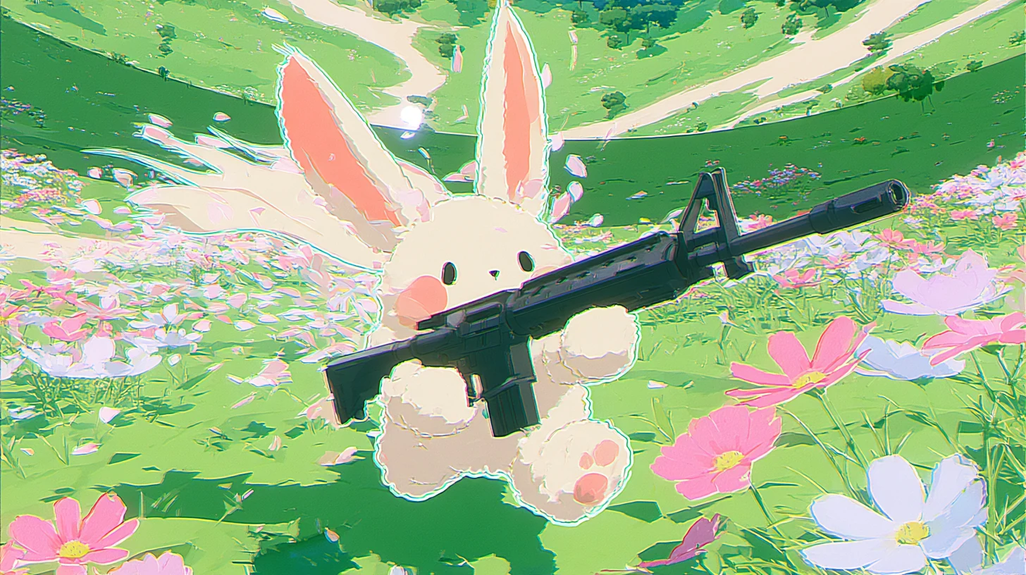 A smaller plush bunny with the rifle, ears and loose fur streaming sideways in the wind, petals flying.