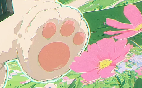 Close-up of a raised foot showing four small pink toe pads and one large heel pad, the fur tufted at the edge.