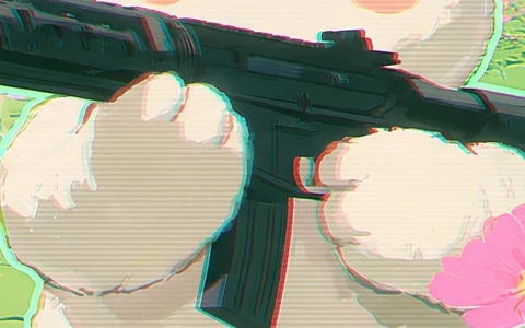 Close-up of two round cream mitten paws gripping the black rifle, with no fingers.