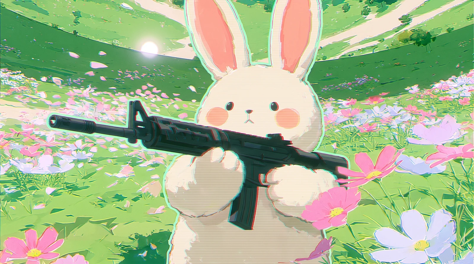 The bunny stands tall and close among cosmos, holding the rifle across its chest in two mitten paws; faint scanlines cross its body.