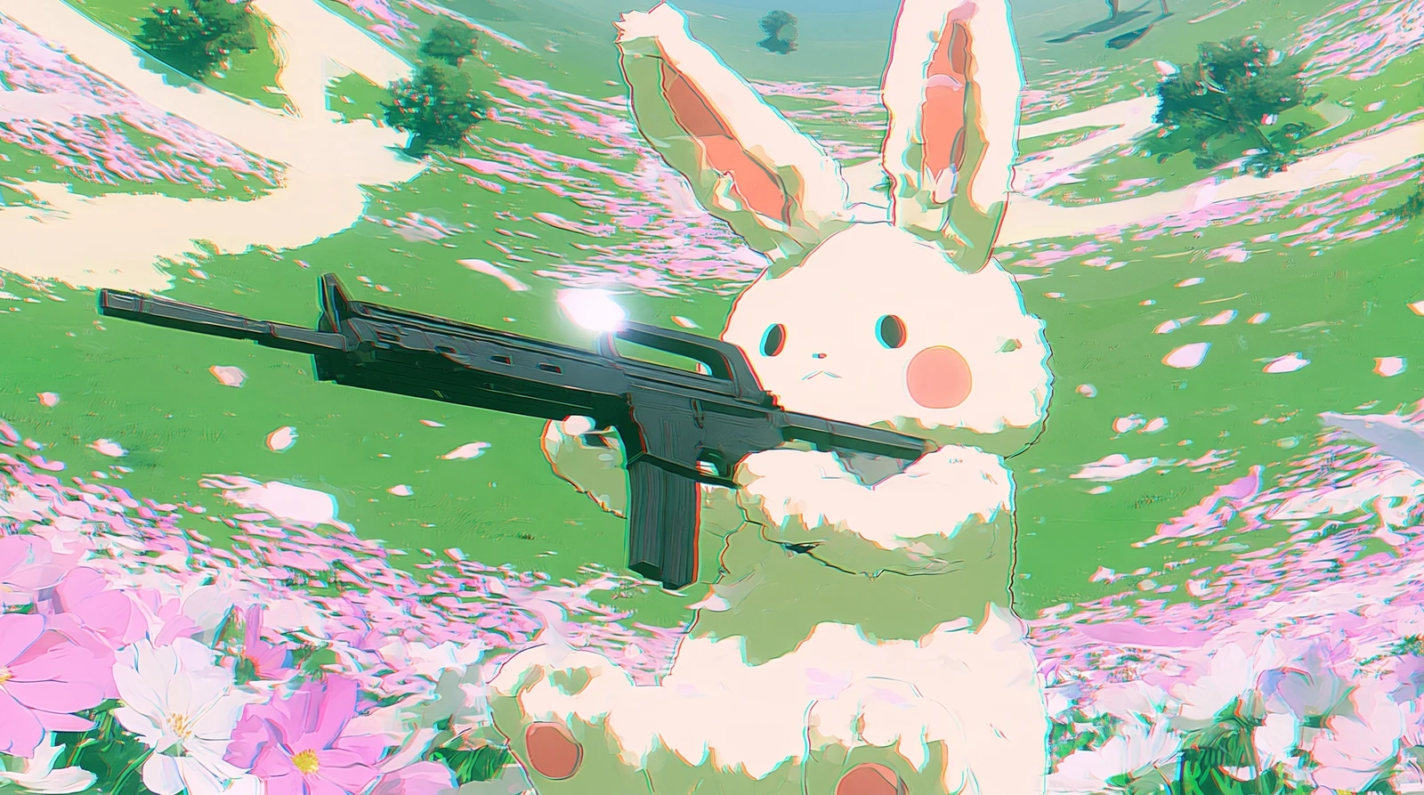 A big cream plush bunny with tall pink-lined ears holds a black rifle pointing left, above small pink and white cosmos. A thin mint rim runs round its outline, with red and cyan fringes, and the meadow curves up behind it.