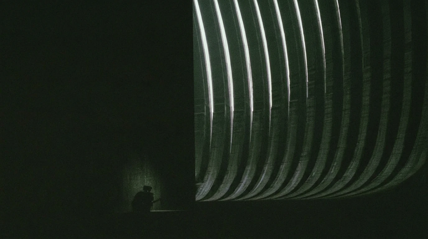 In near darkness, a curved row of still ribs with thin lines of pale light between them; a small droid holds on in an alcove of the dark wall.