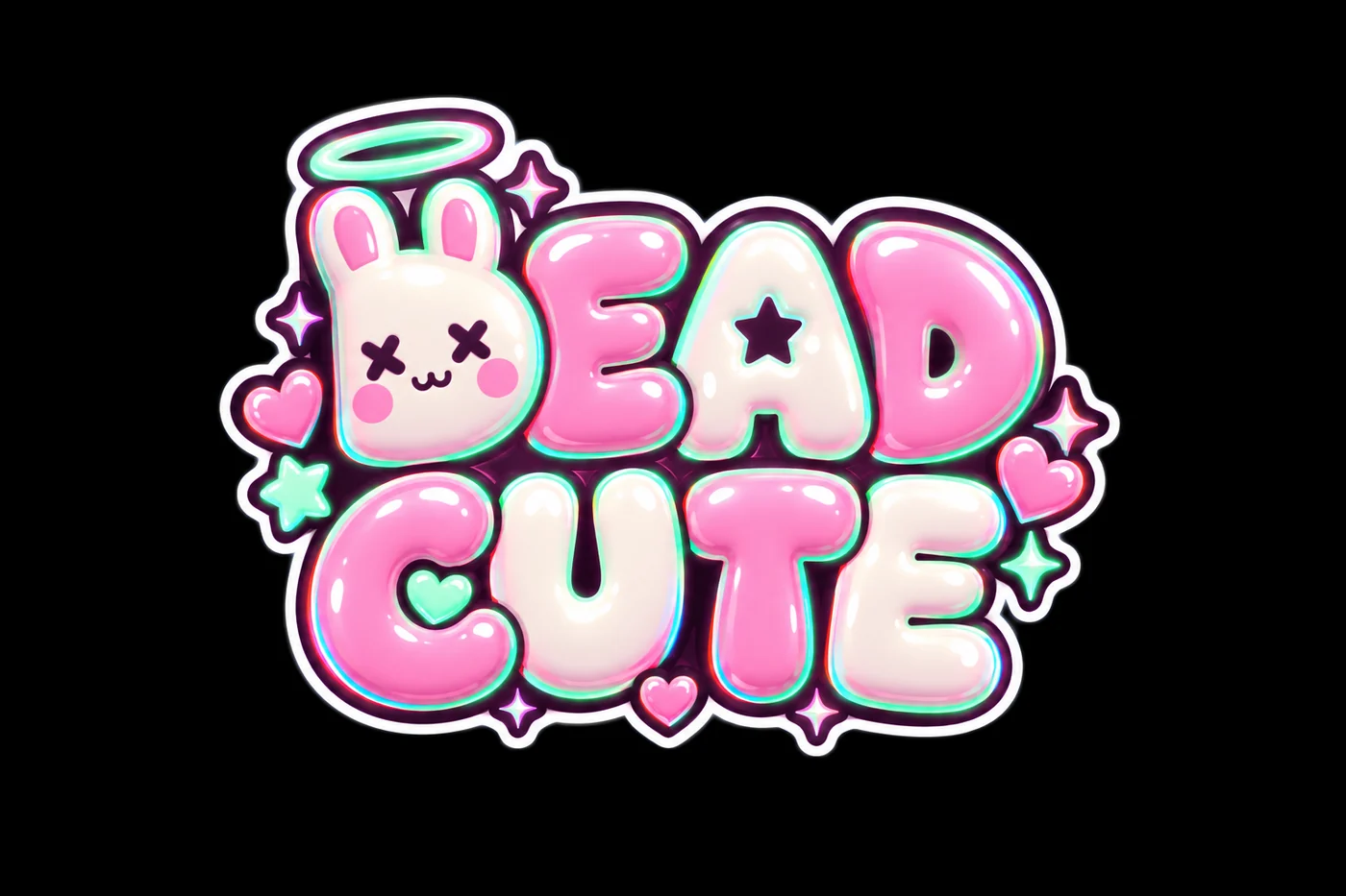The k2-gs logo as GPT Image 2.5 drew it: DEAD CUTE in puffy pink and cream letters, the bunny's head as the first D.