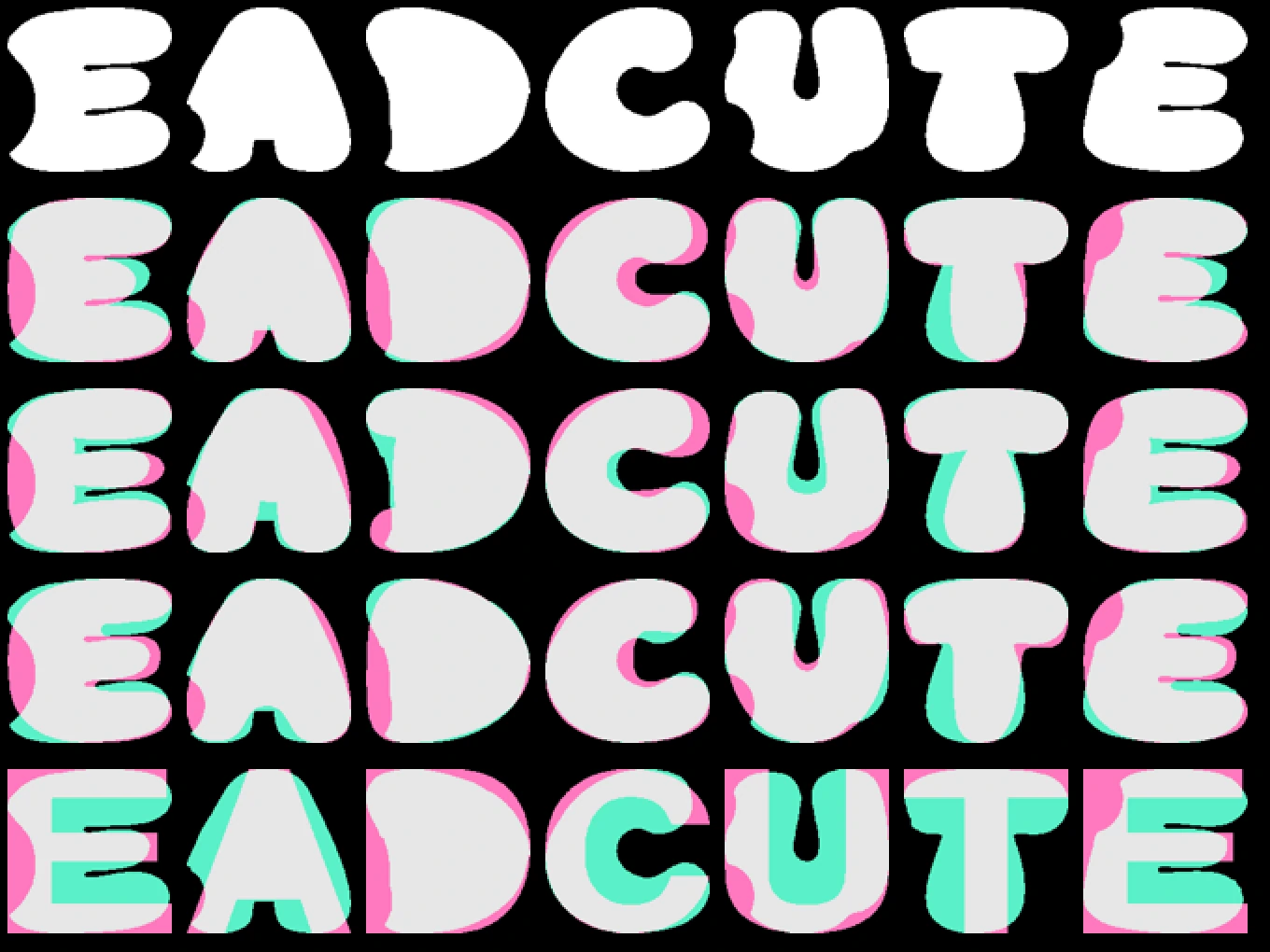 The logo's letters in a row, and below them the same letters from Sniglet, DynaPuff, Gluten and Helvetica laid over the logo's.