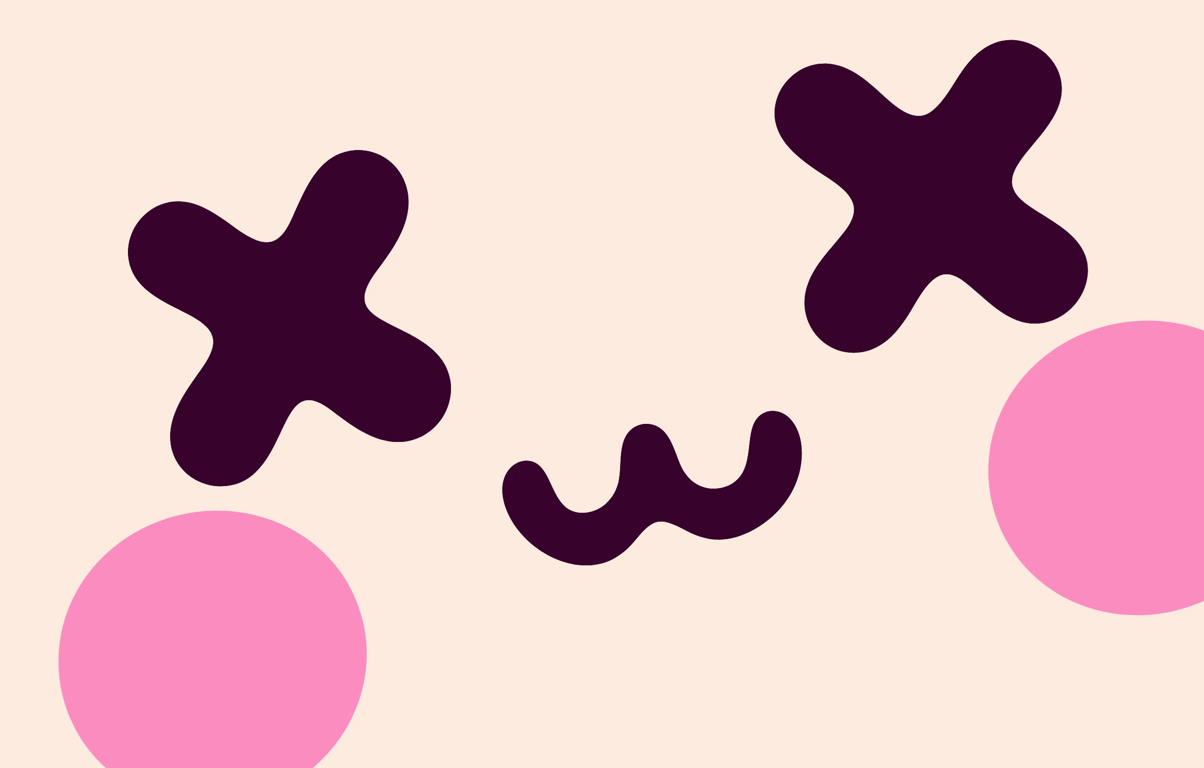 The bunny's face from the DEAD CUTE logo, close up: two plum X eyes, a plum w mouth and two round pink cheeks on cream.