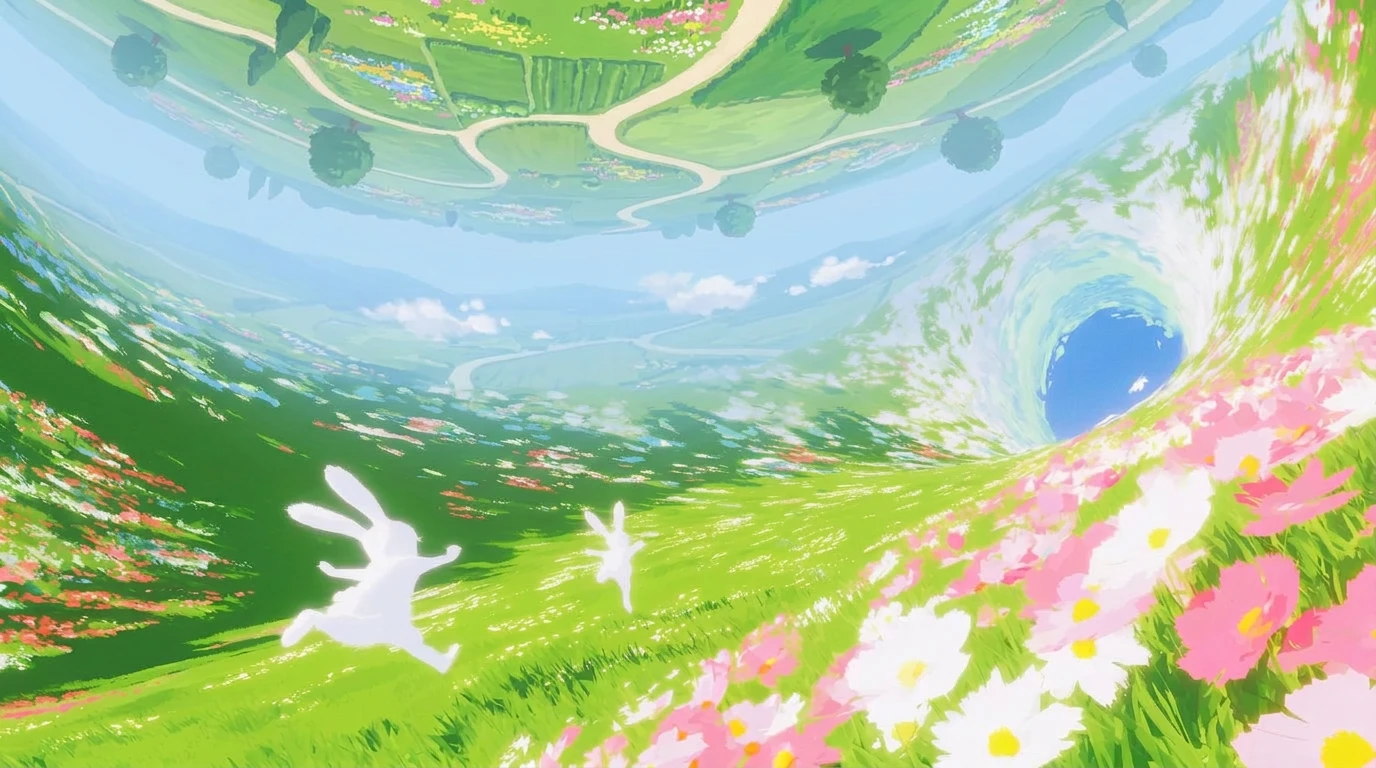 The hero picture: a lime meadow curving up all around, cosmos in the foreground, two white rabbits running, flower drifts across the slopes, and overhead the far side of the world as a painted map of fields, cream paths and round trees, with white clouds and a blue vortex.