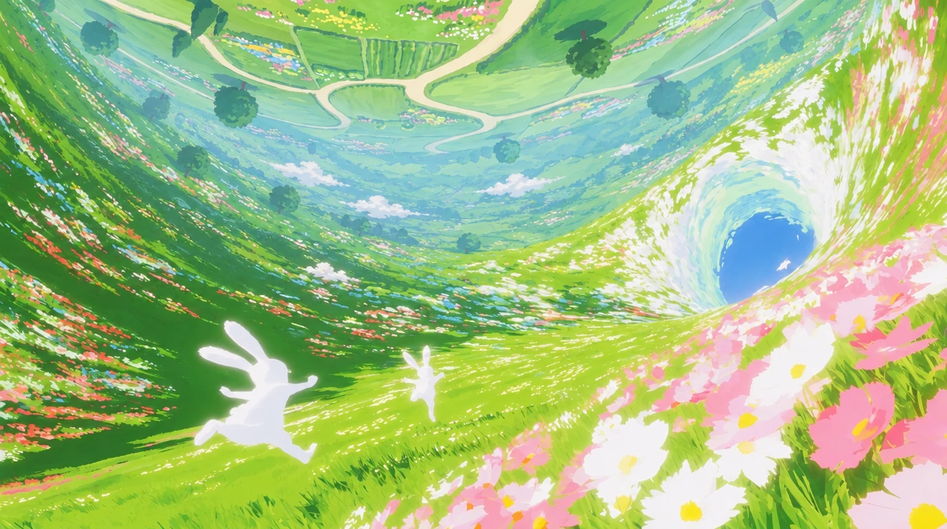 Two white bunny silhouettes run up a bright green slope toward a swirling tunnel gate; the meadow on the left curves up without a break into the far side of the meadow overhead, upside down with paths and round trees, softened by haze.