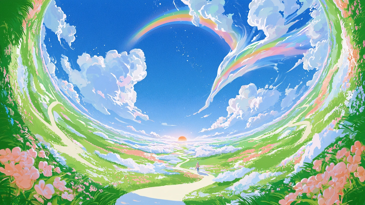 A green meadow curls up on every side into a ring that frames a blue sky with clouds and a rainbow; a cream path leads to a small figure in the middle.