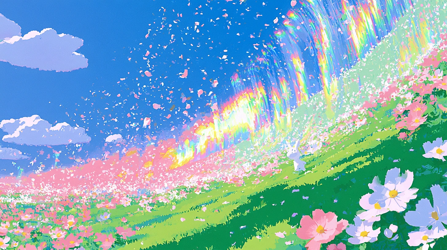 A tall curtain of rainbow refraction stands along a lime slope, the meadow under it in pink and white flowers, petals drifting in a blue sky with white clouds, a tiny white bunny near its foot and cosmos in front.